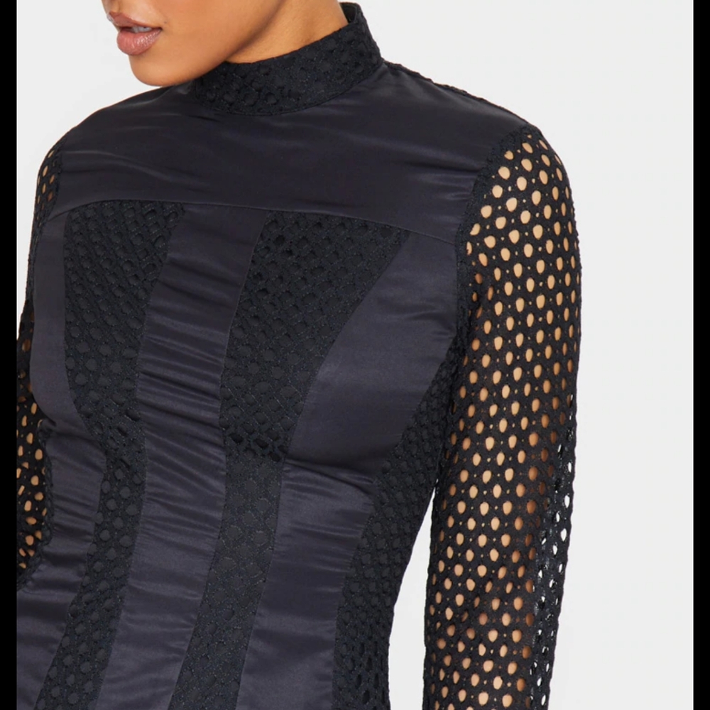 Black Panelled Frill Hem High Neck Bodycon Dress - Picture 2 of 7